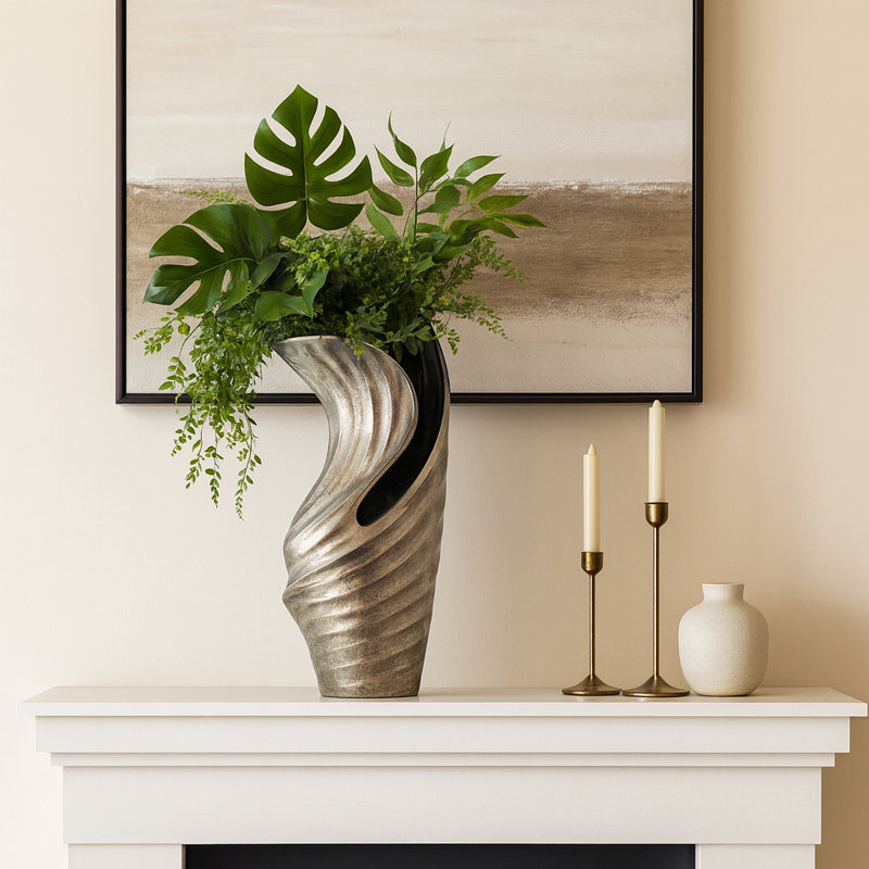Vase de table sculptural en métal pour décoration intérieure, Droite, 16"