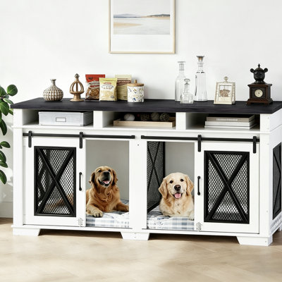 Meuble pour chien très grand pour 2 chiens, chenil d'intérieur 71 po avec cloison amovible, 3 tiroirs de rangement et porte de grange coulissante, meuble télé en bois avec cage pour grands et petits chiens