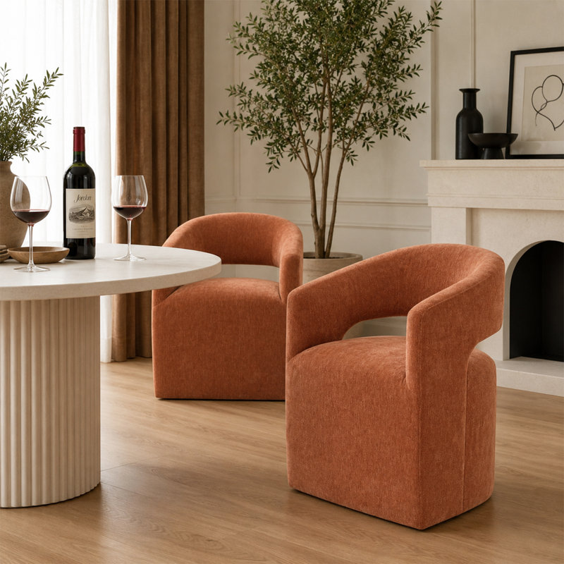 Fully Assembled Dining Chairs With Casters, Upholstered Solid Wood Barrel Armchair Set Of 4 For Dining Room, Living Room, Dressing Room