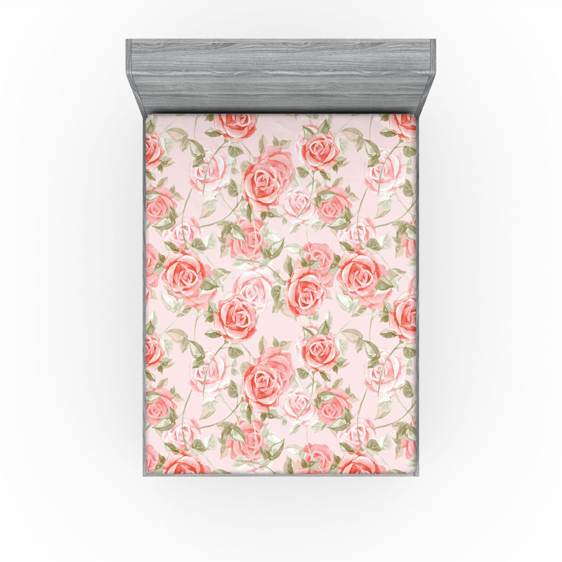 Drap-housse Ambesonne, Drap-housse très grand californien, Corail, vert paon, rosé / floral