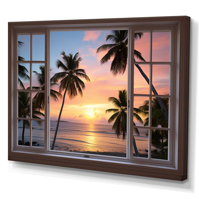 Vue tropicale de l'océan par une fenêtre blanche ouverte I - art mural côtier, 24" H x 32" W, Toile tendue
