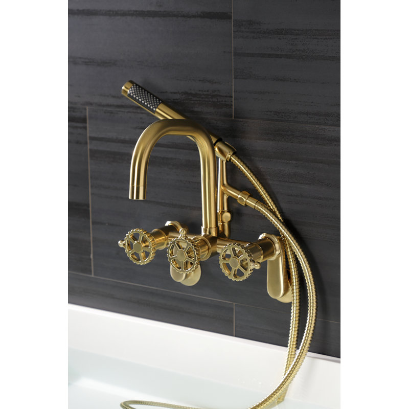 Kingston Brass Fuller Three-Handle 2-Hole Wall Mount Clawfoot Tub Faucet with Hand Shower, Brushed Brass