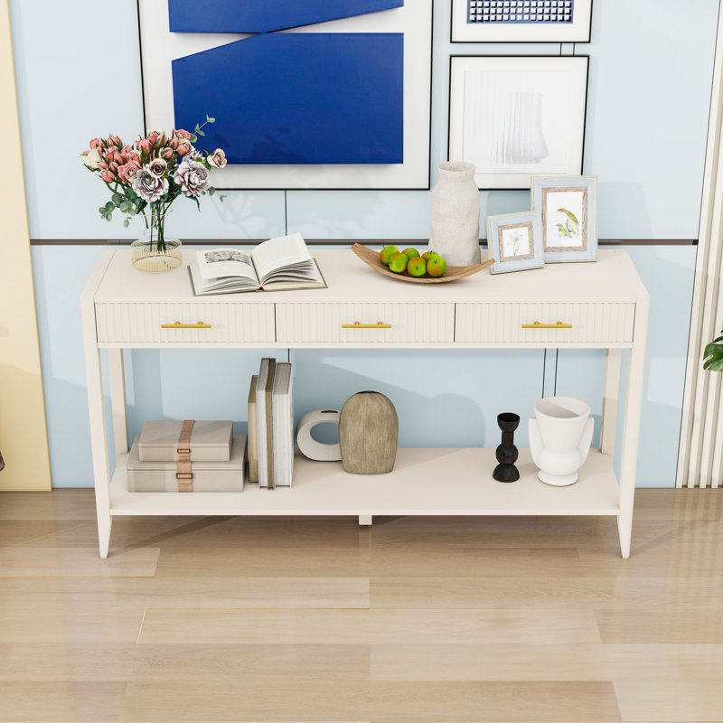 Console élégante avec 3 tiroirs, façade ondulée et tablette de rangement ouverte, Beige