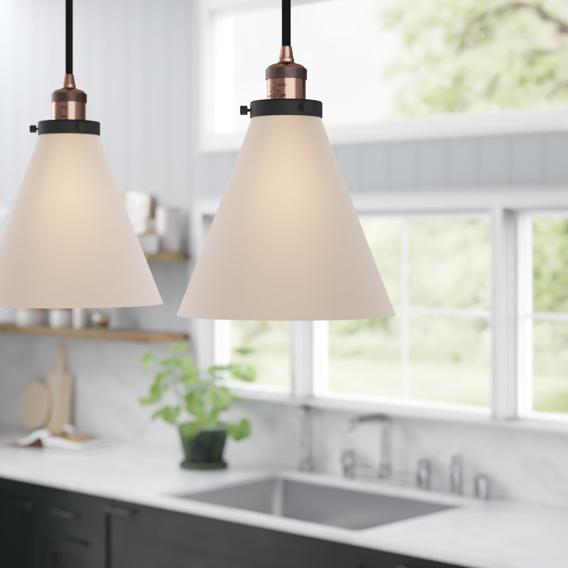 Luminaire suspendu conique à 1 lumière Moser, Blanc mat, Cuivre antique et décorations noir mat