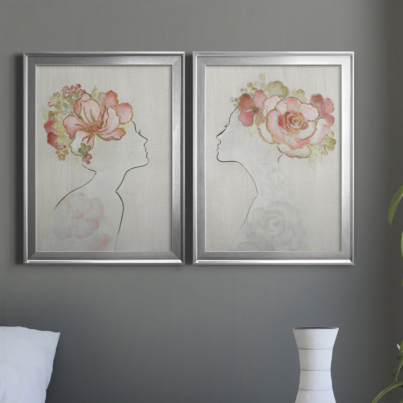 Fashion Floral Silhouette I - Ensemble de 2 peintures sur toiles, H 18,5 po x l 49 po x P 1,5 po, Toile avec cadre argenté