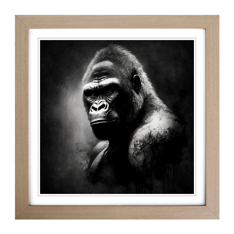 Gorilla Drawing - Single Picture Frame Print on Wood, Oak