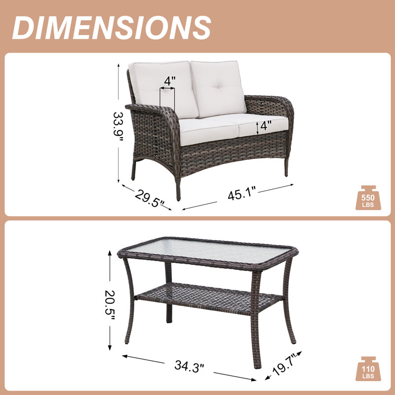 2 - Person Brown Wicker Patio Outdoor Seating Group with Beige Cushions, Coffee Table with Shelf