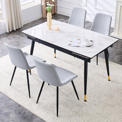 Ensemble de table de salle à manger en pierre frittée extensible de 55 à 79 po avec rallonge cachée et pieds en métal
