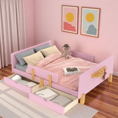 Platform Bed With Storage Drawers, Guardrail, Small Shelf And Hooks