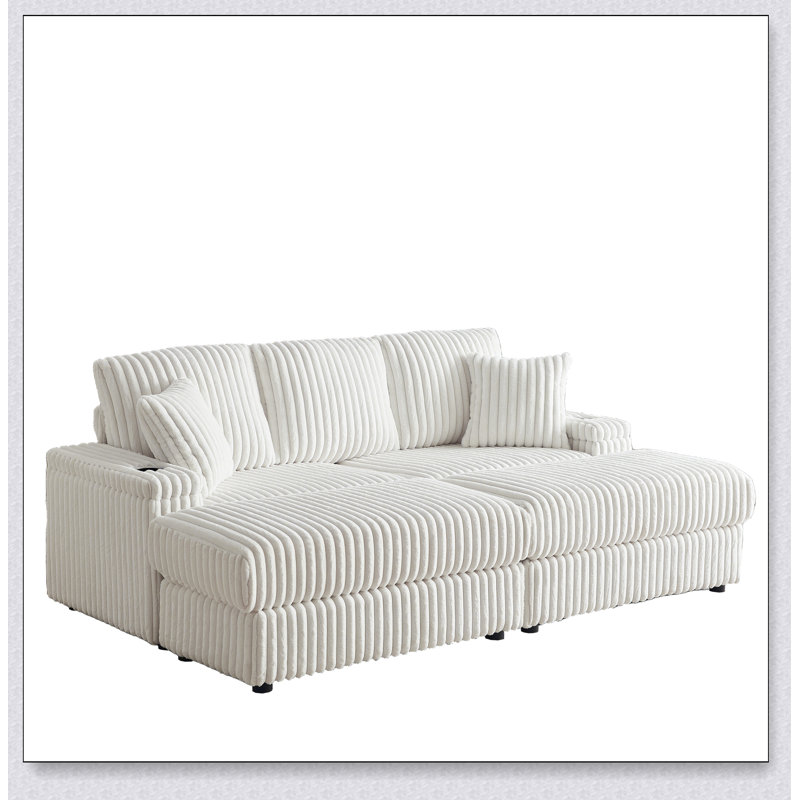 84 Inch Corduroy 3-Seater Sofa with 3 Back and 2 Toss Pillows, Ottoman, and 2 Storage Cup-Holding Grooves, Beige
