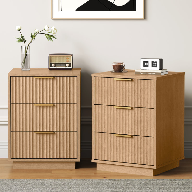 3-Drawer Nightstand,Set of 2, Brown