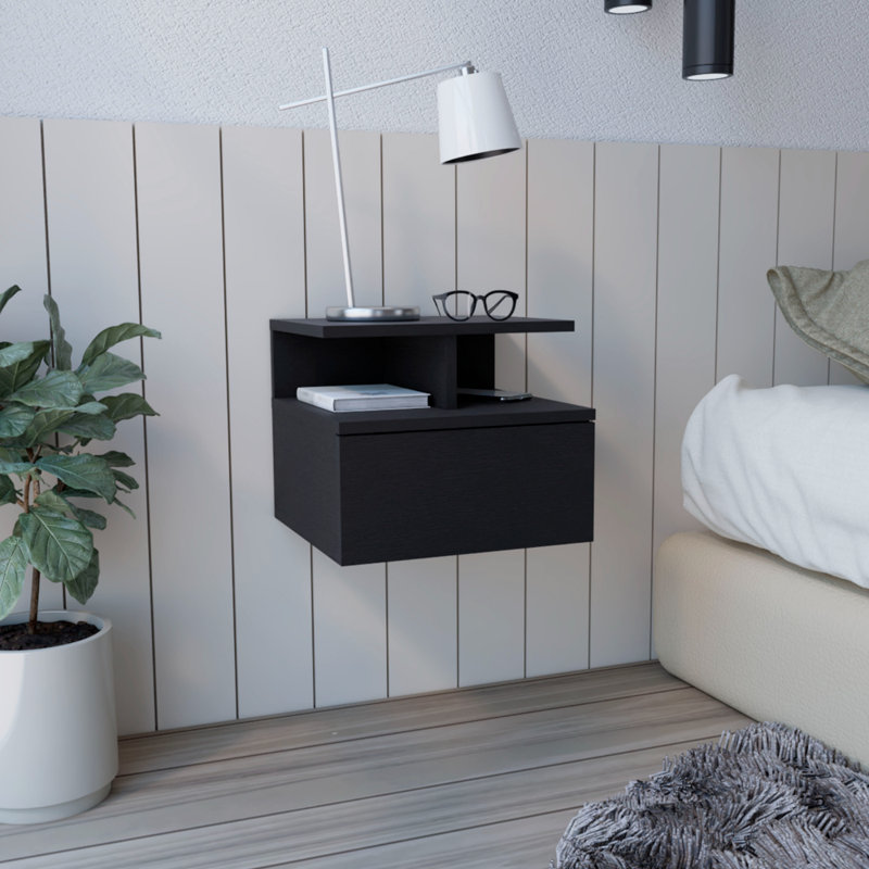 Table de chevet flottante moderne avec tiroir de table d'appoint et tablettes ouvertes, Noir