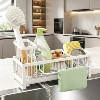 Kitchen Sink Sponge Holder with Brush Holder – Self-Draining Sink Caddy with Removable Towel Bar, Divided Storage Organizer for Countertop, Stainless Steel Kitchen Accessories