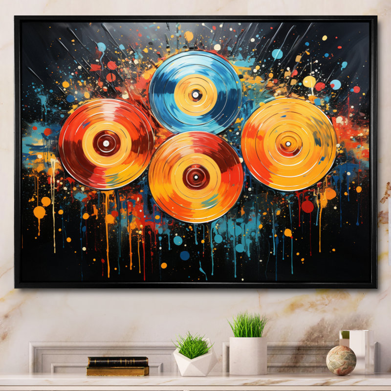 Disque vinyle, rainure rétro I sur toile, Cadre flottant noir, H 16 po x l 32 po x P 1 po
