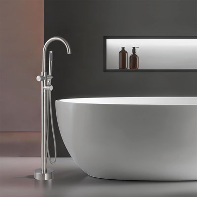 Robinet thermostatique extérieur pour baignoire avec douchette, robinet de baignoire sur pied à 2 poignées en acier inoxydable avec bec rotatif