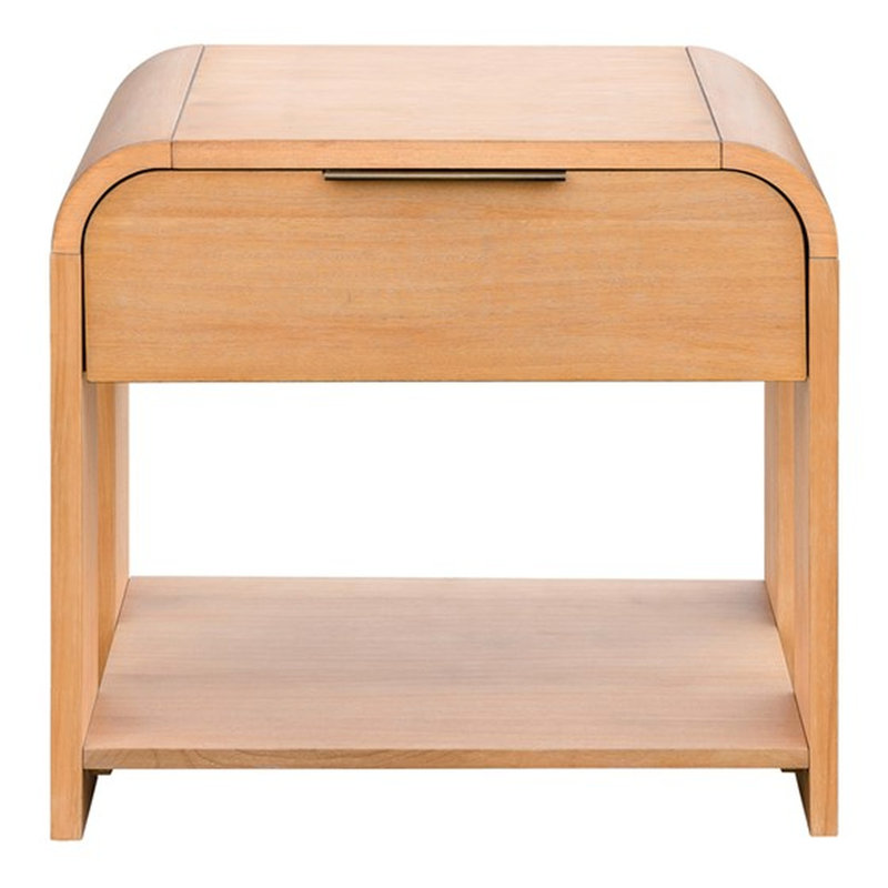 Table de chevet spacieuse avec une silhouette incurvée et des pieds contemporains à un tiroir en bois massif