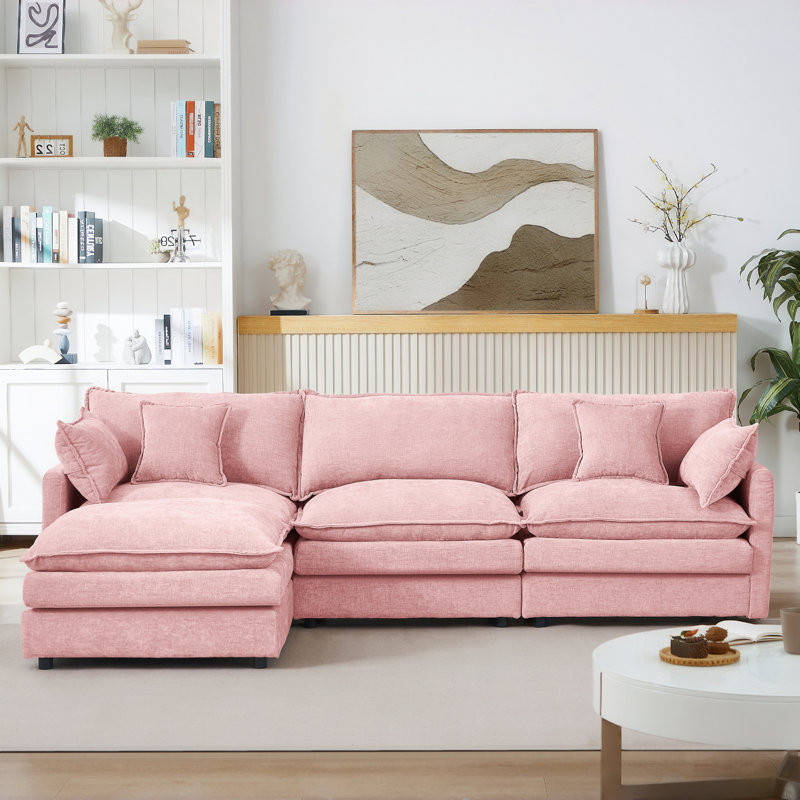 Canapé modulaire modulaire, ensemble de canapé en forme de L de 102 pouces pour le salon, canapé à 3 places confortable avec repose-pieds mobile, combinaison de bricolage, chenille, rose