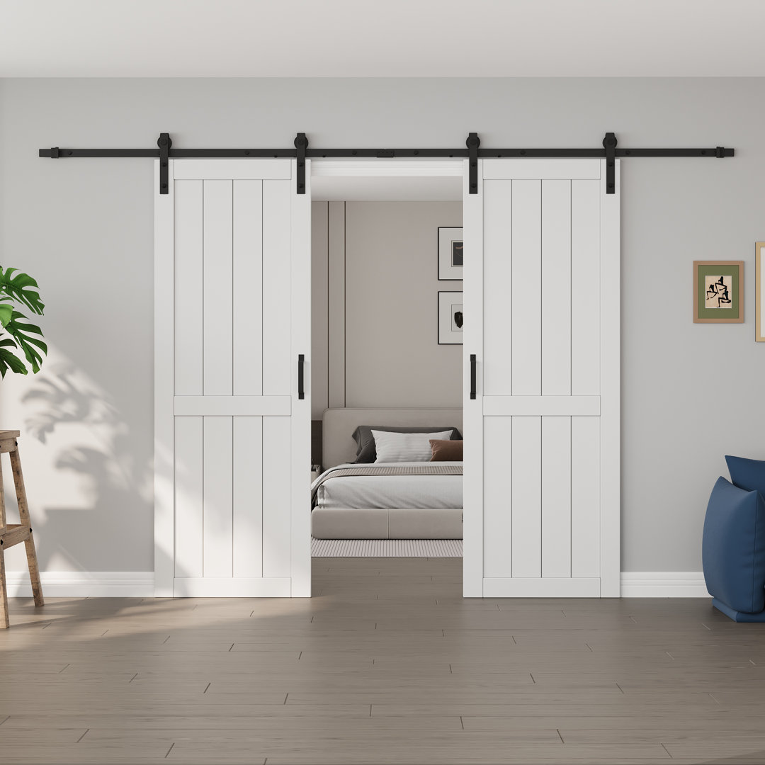 Double Sliding Primed Paneled Barn Door with  Installation Hardware Kit(Door Lock Included) HOZONE Door 