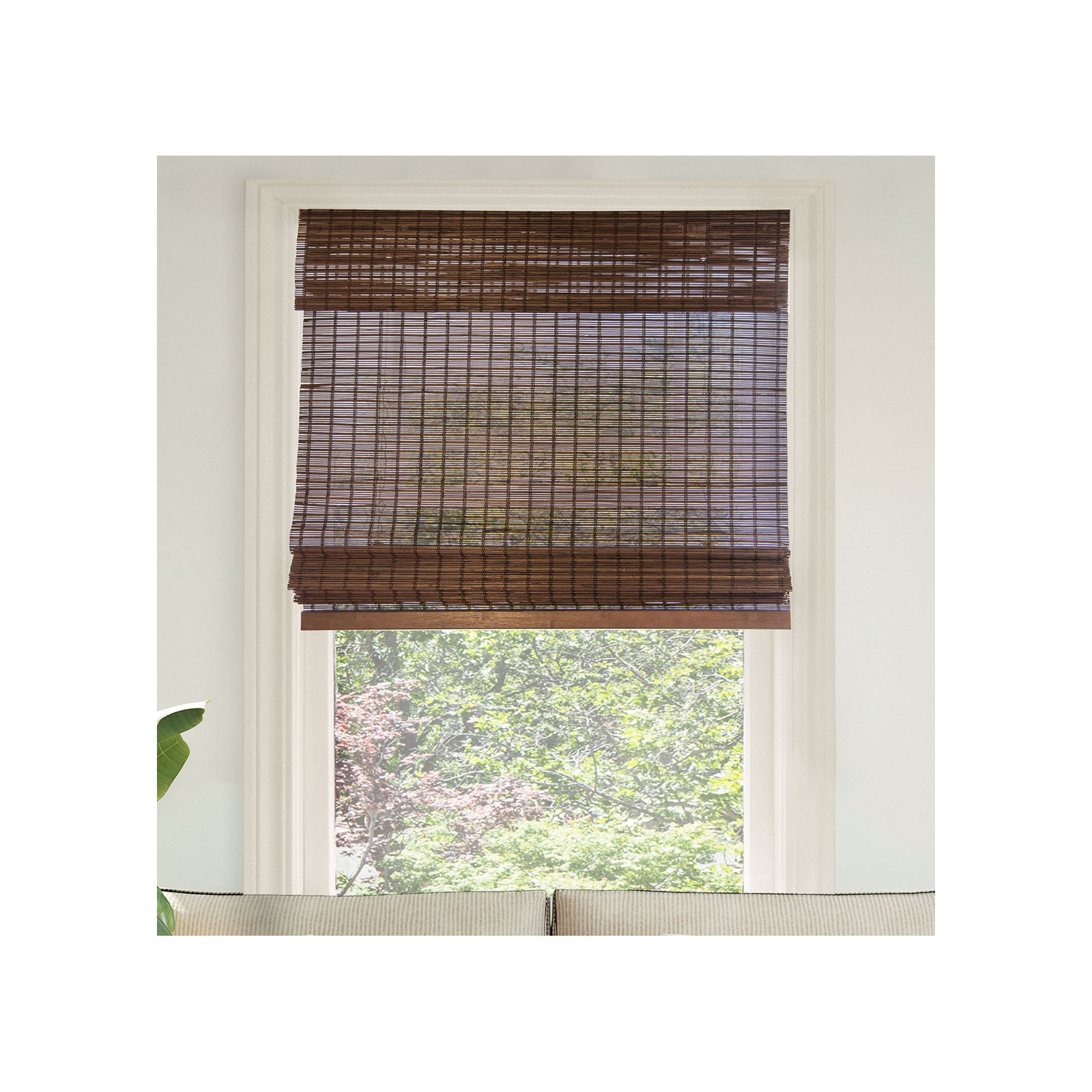 Cordless Light Filtering Woven Wood Bamboo Roman Shade with Valance, Gray, 35"W x 64"L