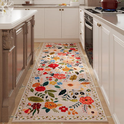 Boho Vintage Floral Medallion Runner Rug, Washable Non-Slip Soft Faux Wool Carpet for Hallway, Kitchen, Bedroom & Bathroom