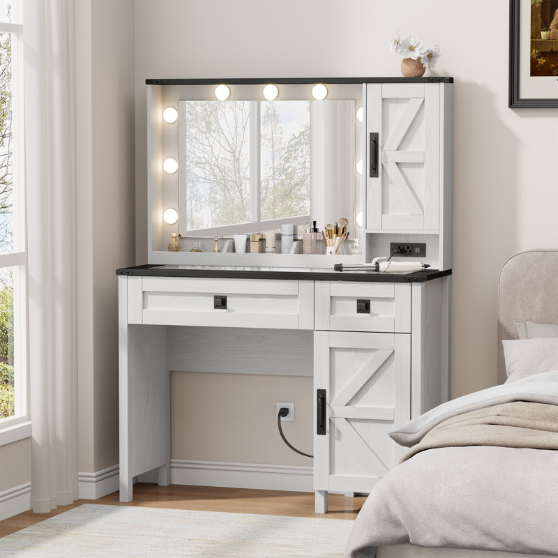 39" Makeup Vanity Desk with Mirror, USB Charging Station & Storage Drawers – Modern Vanity Table with Adjustable Shelves, Tempered Glass Top & 3-Color LED Lights for Bedroom