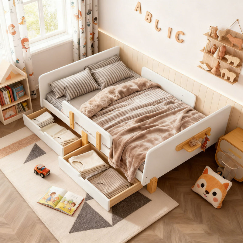 Platform Bed with Storage Drawers, Solid Wood Beds Frame with Bed Guardrail, Small Shelf, and Hooks, White, Full