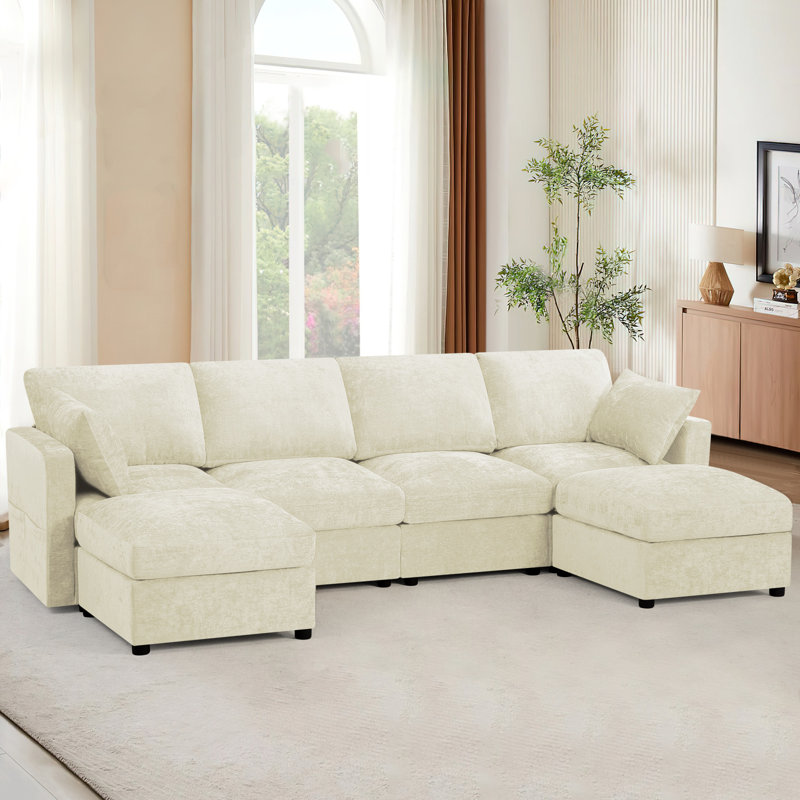 110" Chenille Sectional Sofa With Two Pillows And Ottoman, Modern 4-Seat Couch With Upholstered Cushion, U-Shape Sofa For Living Room, Office