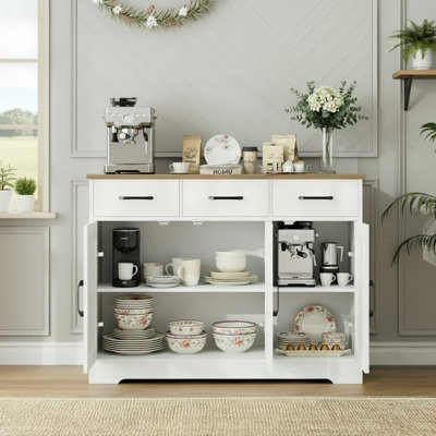 White, Modern Farmhouse-Style Sideboard With Barn Door Design, Drawers And Shelves; Suitable For Kitchen, Dining Room, Living Room, And Coffee Bar.