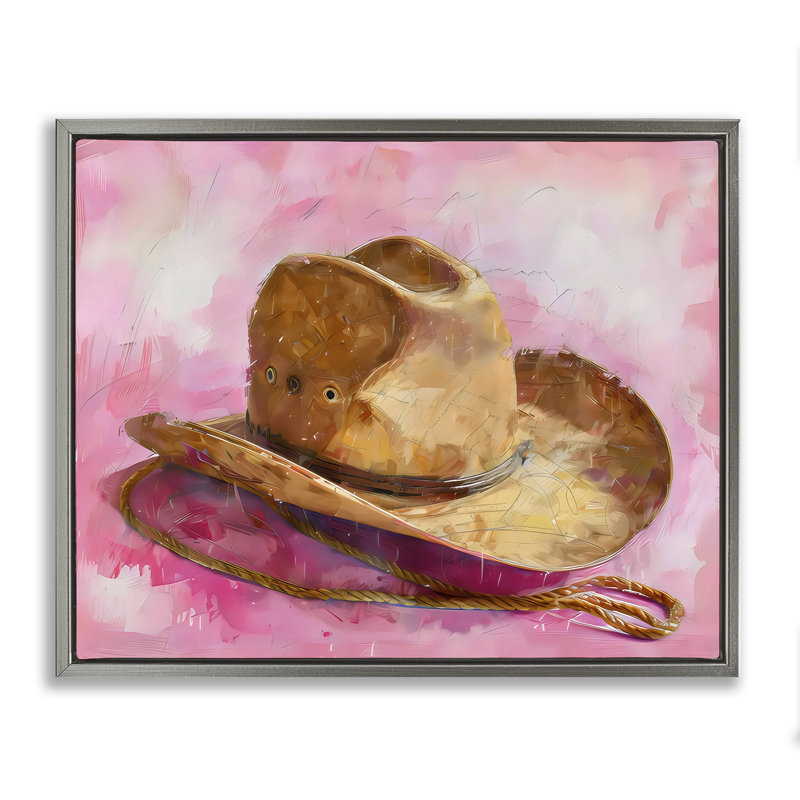 Chapeau de cow-boy sur cadre flottant rose, design par LSR Design Studio, H 17 po x l 21 po, Cadre flottant gris lustré