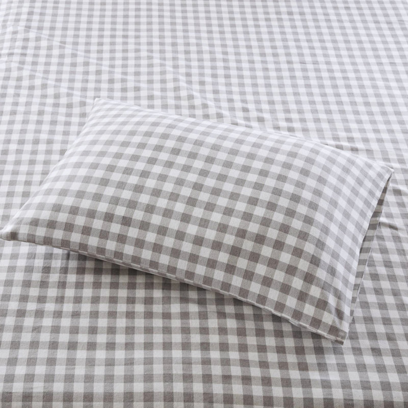 King Printed Sheet , 4 Pcs Gray Herringbone Check, 100% Cotton Flannel, Soft Handfeel, Elasticized Fitted Sheet, Machine Washable