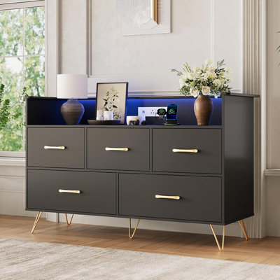47" Dresser with LED Lights & Charging Station, 5-Drawer Wood Storage Cabinet for Bedroom