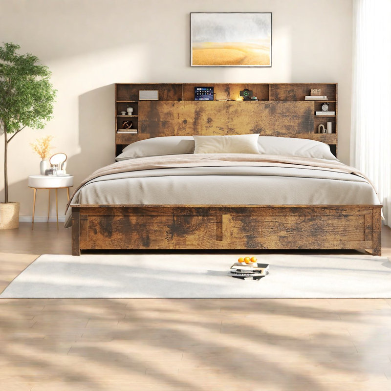Cadre de lit moderne King Size, bois et métal, avec rangement, éclairage DEL et station de recharge