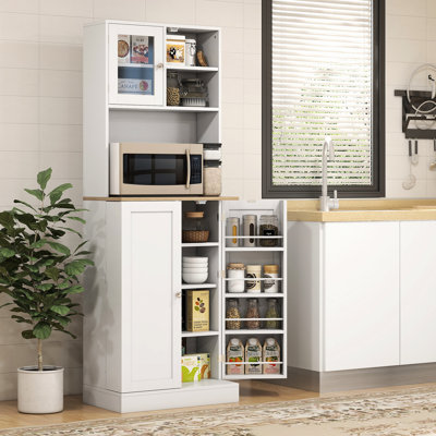 Armoire de cuisine 66,5 po, rangement de cuisine avec support pour micro-ondes et 8 tablettes de porte, réglable, blanc pour la salle à manger