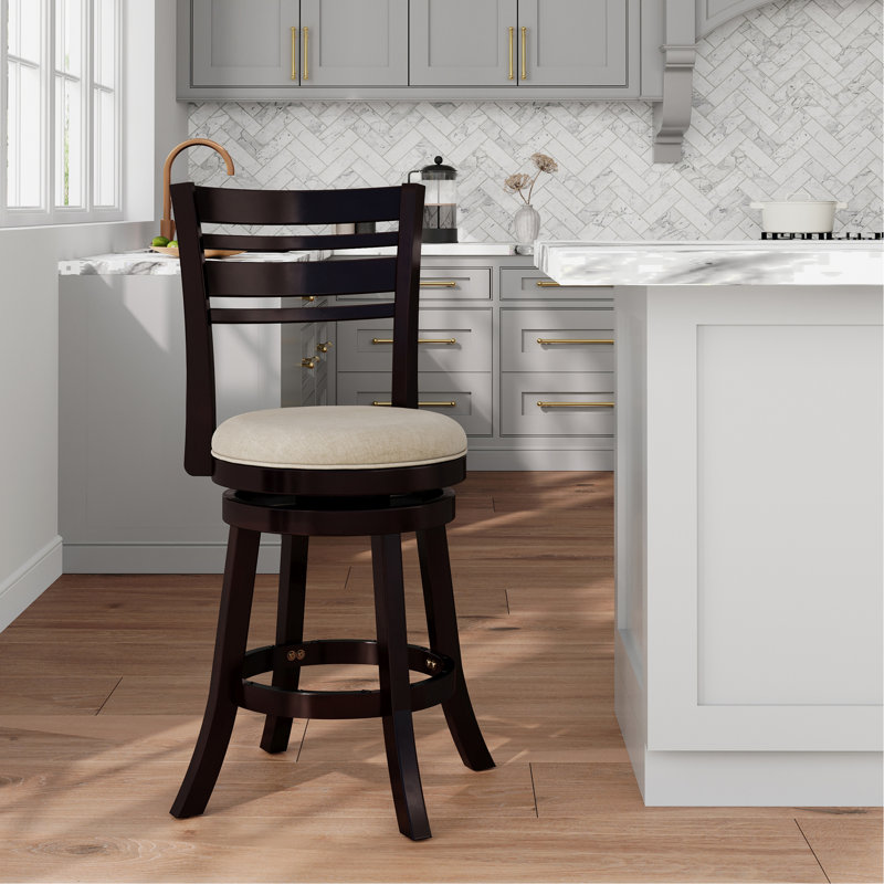 Tabouret pivotant à dossier et à lattes à hauteur de comptoir 24 po, siège en tissu, Espresso, Beige
