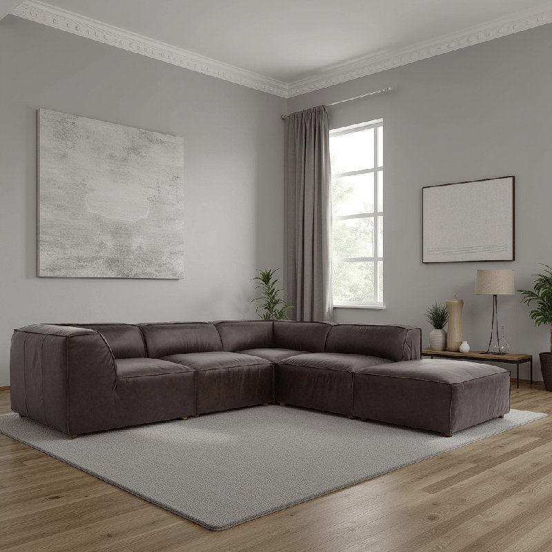 Form Astra 5 - Genuine Leather Modular Sectional with Ottoman, 26" H x 112" W x 102.5" D, Tan Genuine Leather