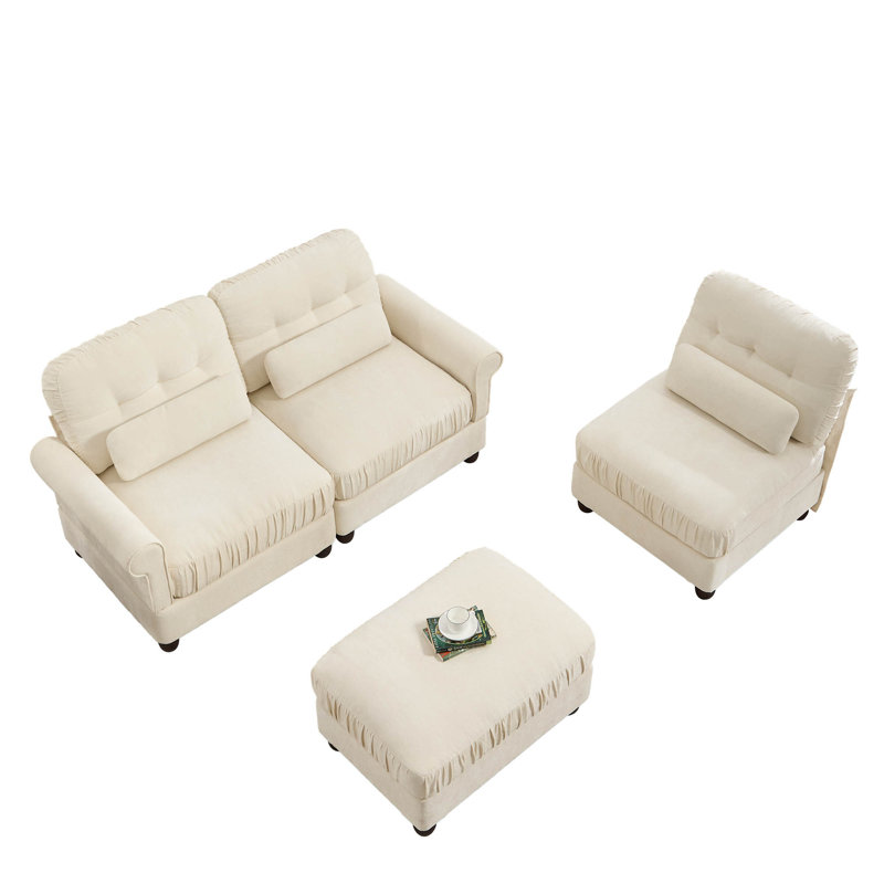 Canapé d'angle modulaire 3 places en chenille de 250 cm avec pouf et 3 coussins lombaires, Beige, 3