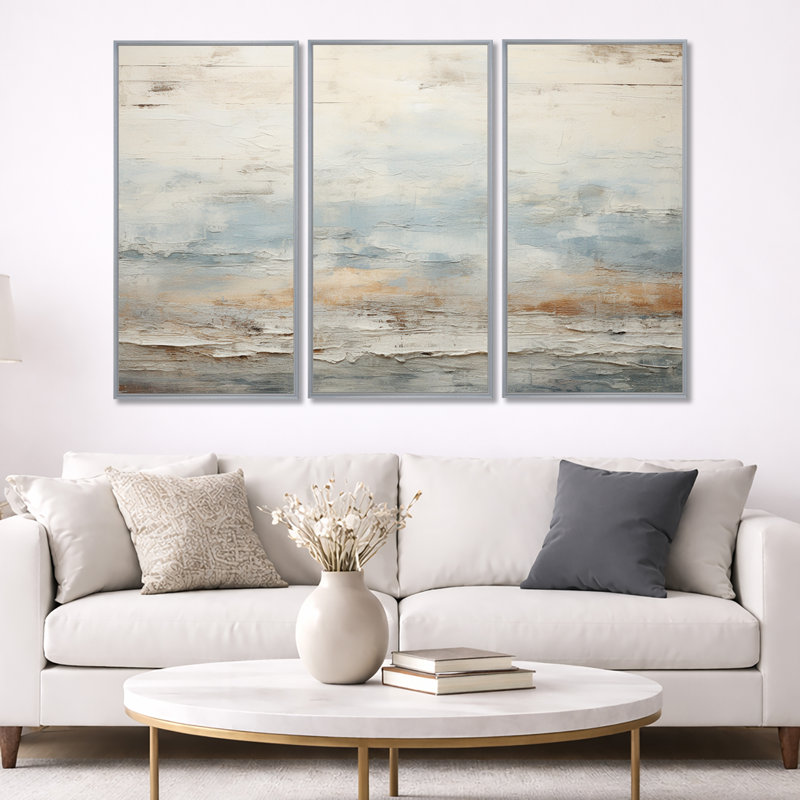 «Beige Blue Ocean Storm», ensemble d'art mural formes abstraites, H 40 po x l 60 po x P 1 po, Encadrement argenté