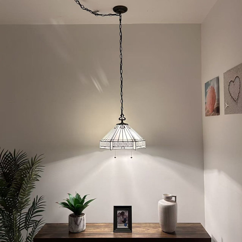 Luminaire suspendu Tiffany avec ampoules à DEL hexagonales incluses en verre coloré l 16 po x P 16 po x H 75 po, Blanc