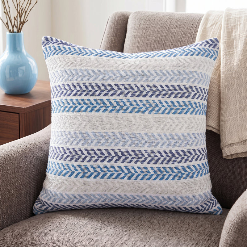 Hand Woven Chevron Textured 100% Cotton Throw Pillow Cover, Polyester, Blue