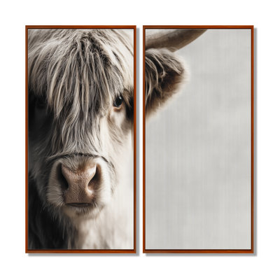 Grey Highland Cow Portrait - Cow Canvas Art, Gray Farmhouse Wall Art Set Of 2