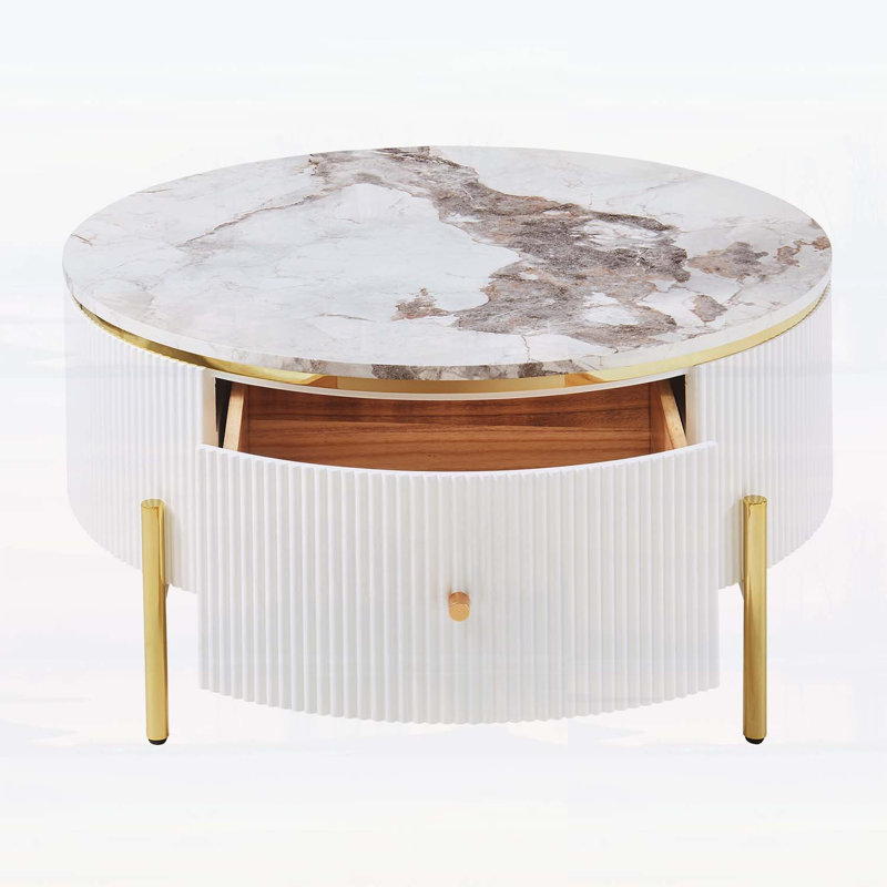 Table basse de rangement moderne, 2 grands tiroirs, motif en marbre exquis, pieds ronds élégants et spacieux, Blanc / Doré