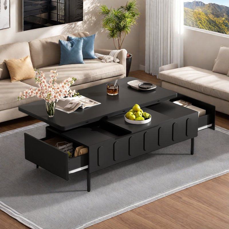 Lift-top Coffee Table With Foldable Top, 2 Drawers, Hidden Storage Compartment And Metal Legs, Black