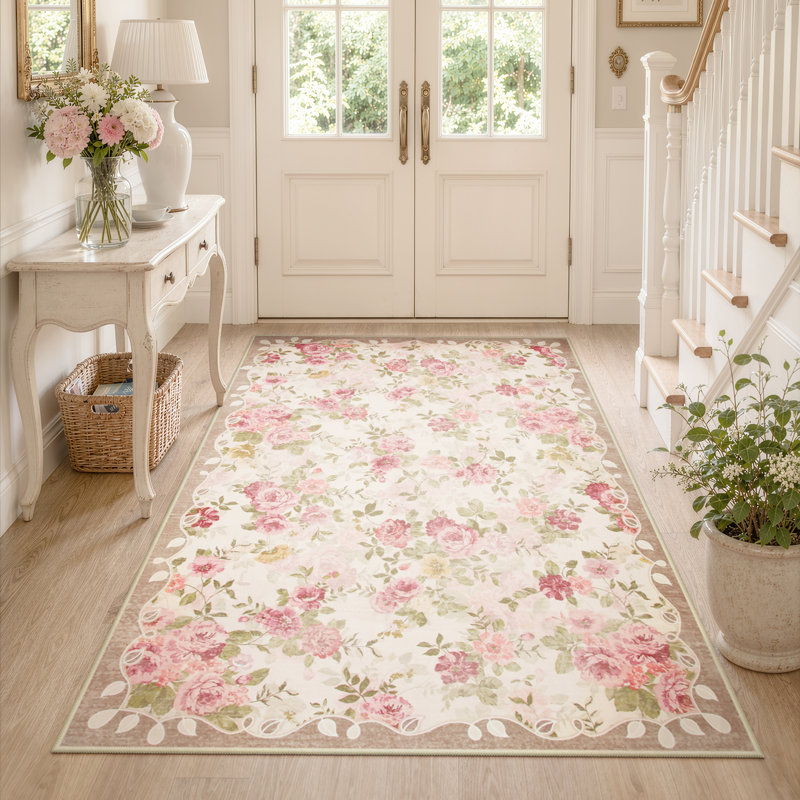 Tapis vintage à motif floral lavable à la machine avec envers antidérapant, Beige, Rectangle 5 pi x 7 pi