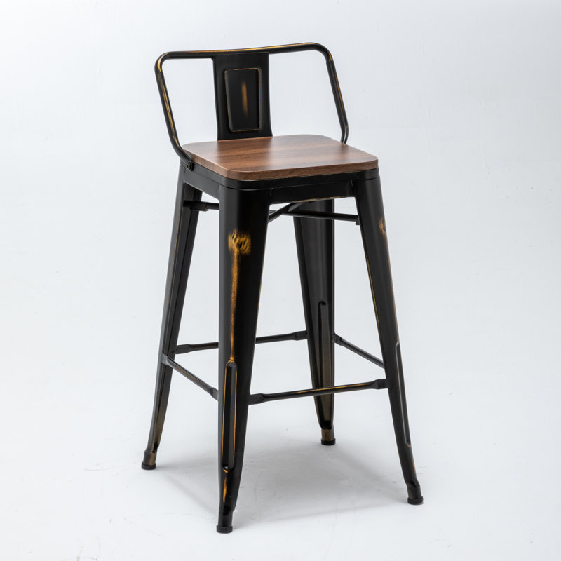Tabouret de bar et de comptoir Maresca avec siège et dossier en bois, Or/noir, Brun