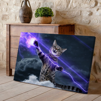 Canvas A Playful Tabby Cat Stands On A Fluffy Cloud Dramatically Wall Art Raising Its Paws To Unleash Vibrant Purple Lightning Bolts Canvas Wall Art