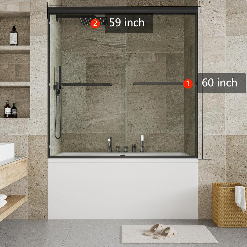 55-59" W x 60" H Double Bathtub Sliding Shower Door, Semi-Frameless 1/4" Tempered Glass, Black