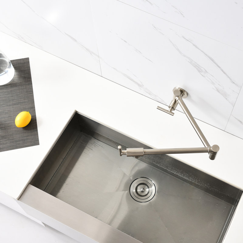 Brushed Nickel Pot Filler Faucet With Wall Mount & Folding Design - Arm For Hassle- Filling, Double Handles Precise Water Flow Regulation, Surface Finish Mounted Kitchen In Efficient Output, Special