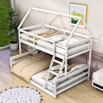 Twin Over Full Wooden House Bunk Bed With Built-In Ladder