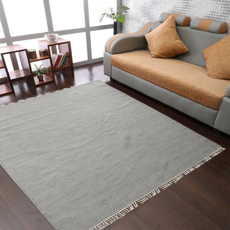 Alithea Hand Woven Flat Weave Kilim Wool Eco-Friendly Area Rugs - Square, Silver Color, Plain Solid Design, Low Pile Handmade Area Rugs for Living Room, Bed Room