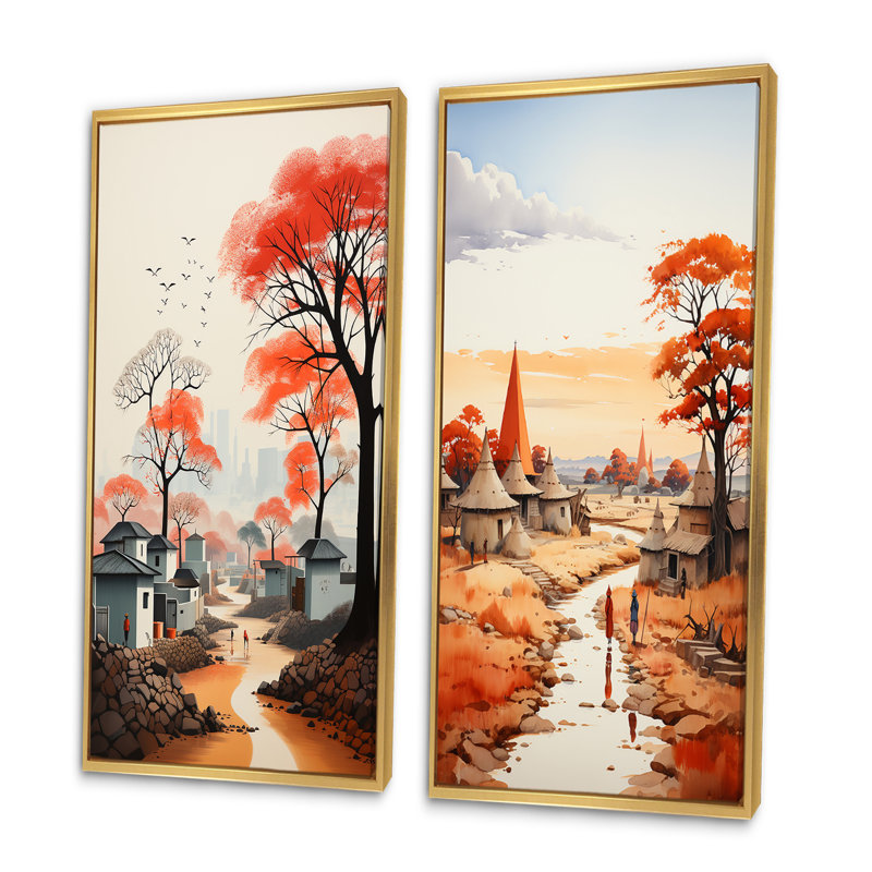«Peach Gray African Village Visions», 2 pièces, Encadrement doré, H 20 po x l 24 po